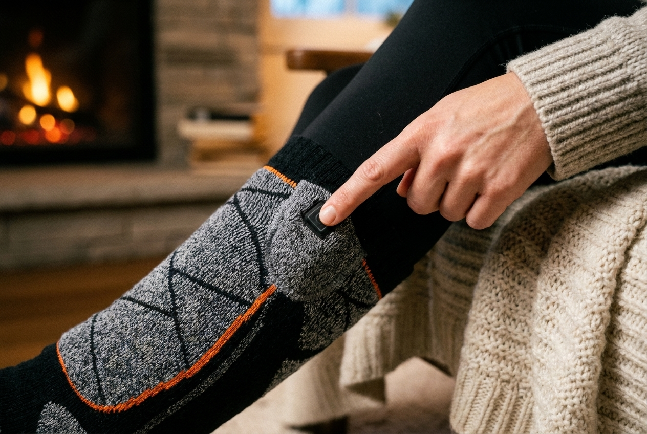 Beheizte Socken beim Entspannen auf dem Sofa