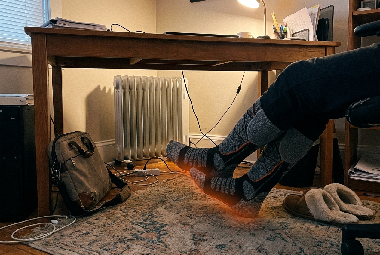 Warme Füße mit Heizsocken unterm Schreibtisch im Homeoffice