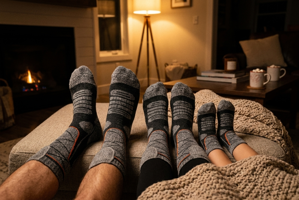 Zwei Erwachsene und ein Kind mit beheizten Socken auf dem Sofa am Kamin