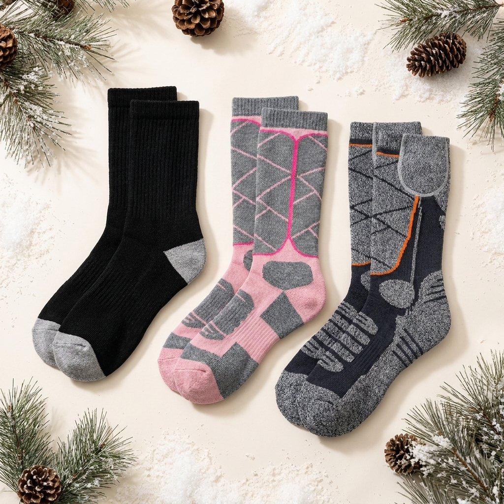 Drei Paar beheizte Socken in Schwarz, Rosa und Grau mit winterlichem Tannenzweig-Rahmen